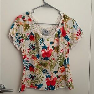 Caribbean Joe White Short Sleeve Top with Red, Blue & Green Floral Print